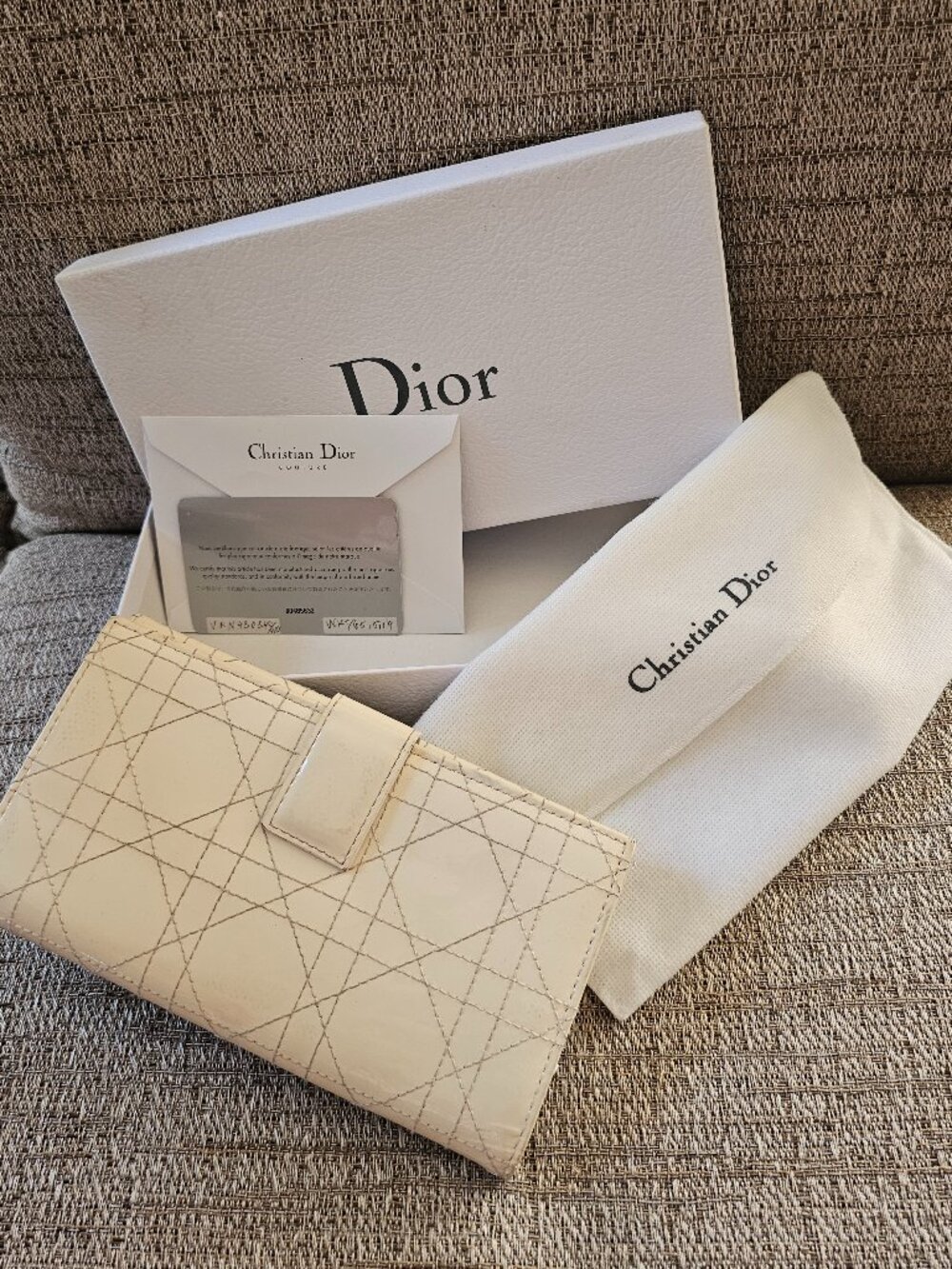 DIOR Cannage Quilted Patent Leather Continental Wallet Box, Dust Bag & Authentic